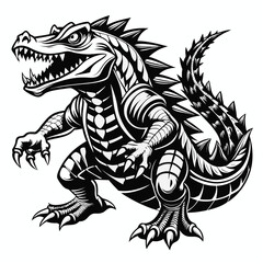 Monochrome Illustration of a Spiked Crocodile with Detailed Patterns and Sharp Claws on White