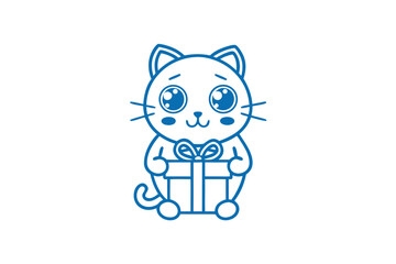 Blue outlined cartoon cat enthusiastically presents a wrapped gift box with a ribbon bow
