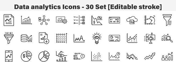 Data analytics Icons 30 Set. Line Art Icon Collection. Editable Stroke. Vector Illustration