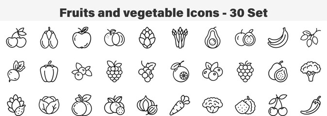 Fruits and vegetable Icons 30 Set. Line Art Icon Collection. Editable Stroke. Vector Illustration