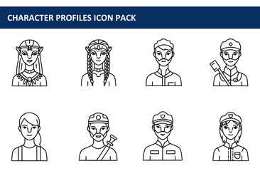 Line art character profiles of diverse individuals in various attire and professions. Fantasy characters and professions in a digital icon pack.