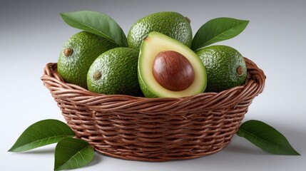 Obraz premium Fresh green avocados arranged in a wicker basket surrounded by leaves, highlighting their natural freshness and healthy appeal