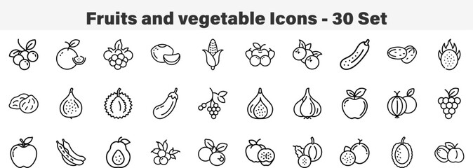 Fruits and vegetable Icons 30 Set. Line Art Icon Collection. Editable Stroke. Vector Illustration