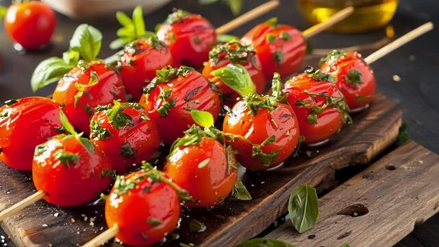 Delicious grilled cherry tomato skewers seasoned with garlic and basil are ready to be served as a tasty side dish or appetizer