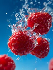 Raspberries Splashing in Water Against a Blue Background