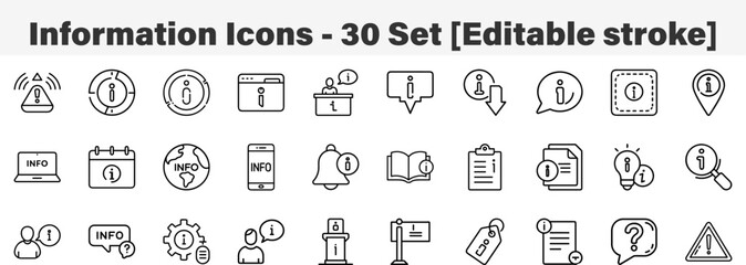 Information Icons 30 Set. Line Art Icon Collection. Editable Stroke. Vector Illustration