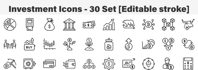 Investment Icons 30 Set. Line Art Icon Collection.