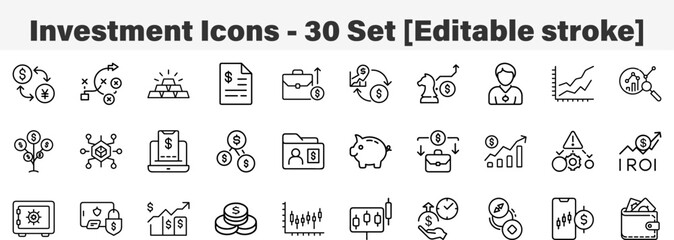 Investment Icons 30 Set. Line Art Icon Collection.