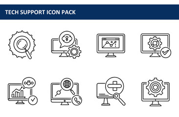 Tech support icon pack showcasing various functions in a simple, clean style. Diverse icons for troubleshooting, customer service, and technical solutions in a modern, accessible design.