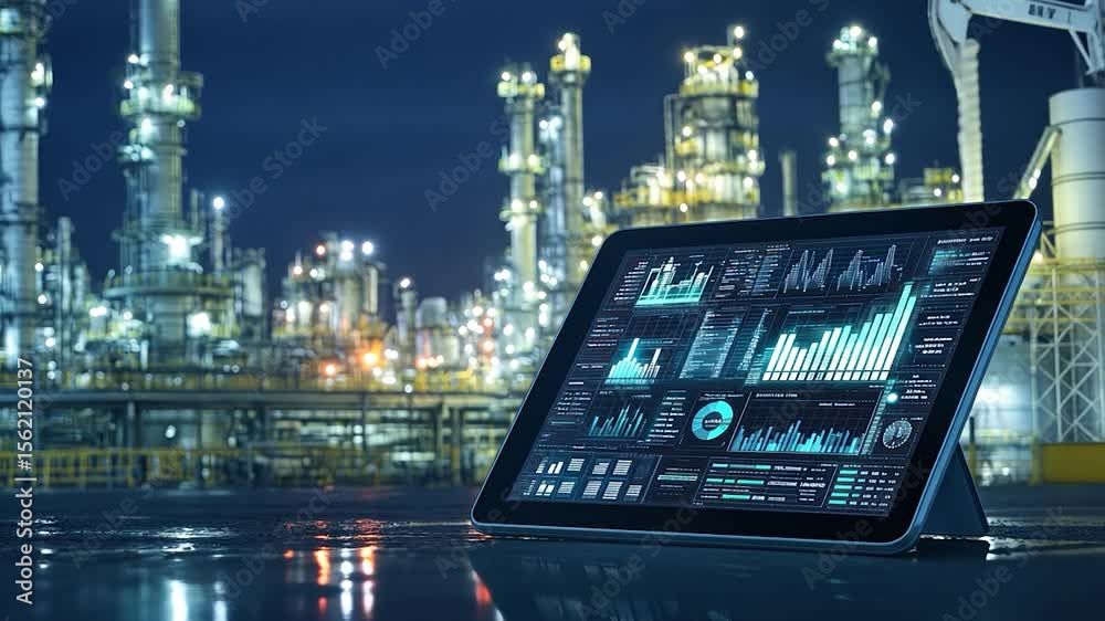 Poster Industrial tablet computer displaying data visualizations in front of a refinery at night.