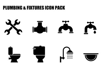 Plumbing and fixtures icons in a simple, black and white style. Various plumbing elements displayed against a white background.