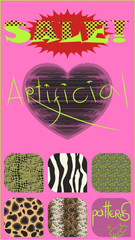 Sale sign, Artificial patterns and effect, heart and six swatches of different textures, Only use artificial sign