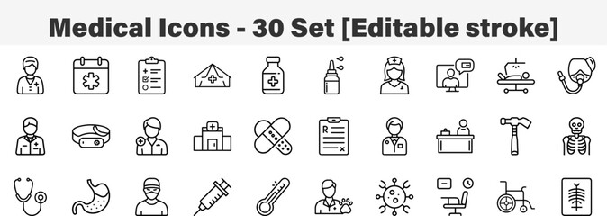 Medical Icons 30 Set. Line Art Icon Collection. Editable Stroke. Vector Illustration