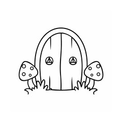 Outline a fairy door with mushrooms grass elements for a coloring page vector