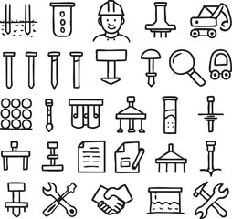 Obraz premium Construction theme icon set featuring various tools, materials, and worker icons, perfect for construction, engineering, and industrial projects, websites, and apps.