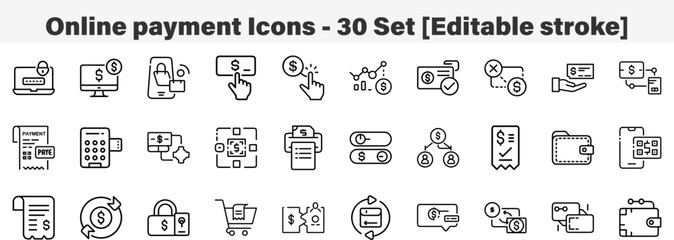 Online payment Icons 30 Set. Line Art Icon Collection. Editable Stroke. Vector Illustration