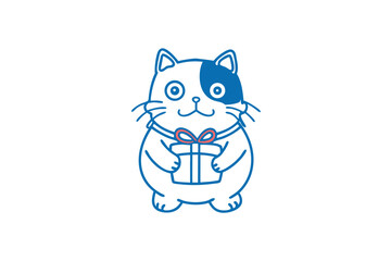 Cute cartoon cat lovingly presents a wrapped gift outlined in blue and red