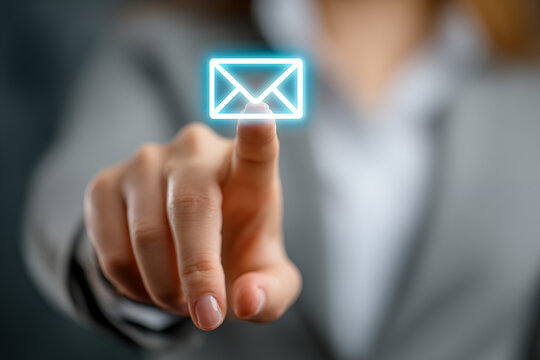 A businessman’s hand reaching to touch a glowing email icon on a virtual blue screen, representing digital communication, email services, and modern business technology, mail icon, cyber, messaging, t - Powered by Adobe