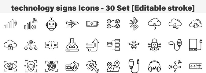 technology signs Icons 30 Set. Line Art Icon Collection. Editable Stroke. Vector Illustration