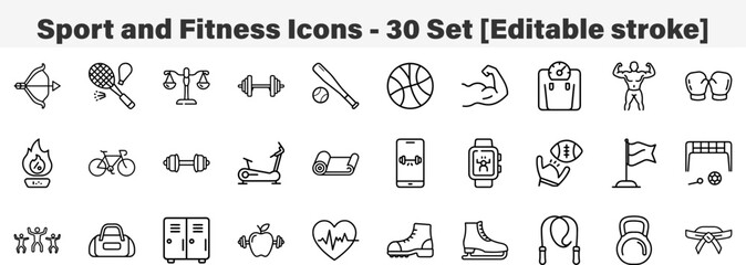 Sport and Fitness Icons 30 Set. Line Art Icon Collection. Editable Stroke. Vector Illustration