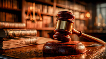 Judge's gavel resting on sound block in courtroom library setting, embodying justice and law