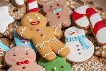 Gingerbread cookies. Christmas food cook. Gingerbread man baking. Xmas sweet dessert in December.