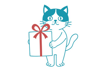 Cartoon cat lovingly holding a red ribboned gift box with both paws