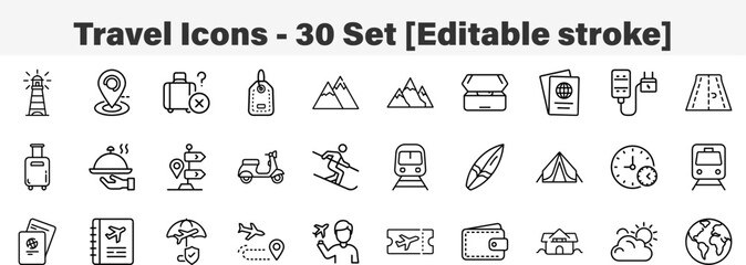 Travel Icons 30 Set. Line Art Icon Collection. Editable Stroke. Vector Illustration