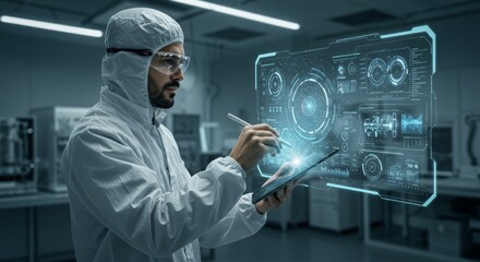 Scientist interacts with a holographic interface in a modern lab