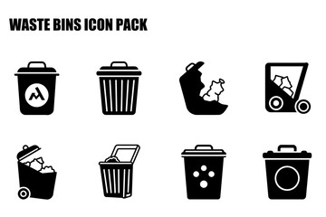 Waste bins icons, various styles, for general use. Collection of black and white waste bins in different configurations, showing open and full containers, with various details.