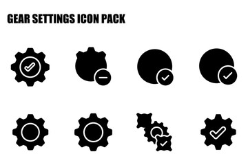 Gear settings icons in various states. Simple, graphic illustrations of gears with checkmarks and minus signs.