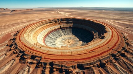 Vast Meteorite Impact Crater in Arid Desert Landscape, Aerial View