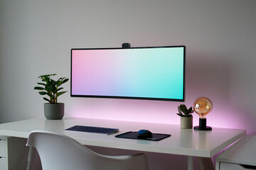 Minimalist Workspace Featuring Ultrawide Monitor Keyboard Mouse Plants and Ambient Lighting Perfect...