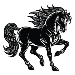 Elegant Black Horse Illustration with Flowing Mane and Tail on White Background