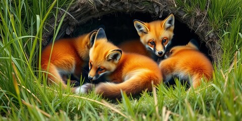 Fototapeta premium Red fox kits tumbling in tall grass near their den, young fox, fauna