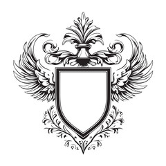 Obraz premium Vector art of an ornate shield with majestic wings and a floral crest, isolated on white background