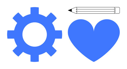 Blue gear, heart, and pencil highlighting teamwork, passion, and creativity. Ideal for branding, education, product design, innovation collaboration motivation simple landing page