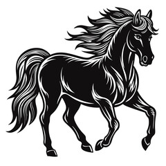 Elegant Black Horse Silhouette with Flowing Mane and Tail on White Background