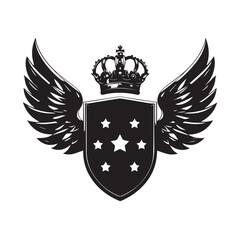 Vector art of a black shield with a crown and stars, flanked by powerful wings