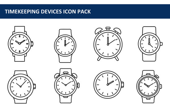 Timekeeping devices icon set with various styles of watches and an alarm clock. Simple, modern illustrations of timepieces in a variety of formats for professional use.