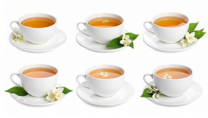 Fototapeta premium Six Cups of Jasmine Tea with Blossoms on White Background.