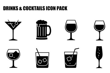 Drinks and cocktails icon set with various types of glasses, demonstrating different beverages. Collection of black and white beverage icons for bar, restaurant or website use.