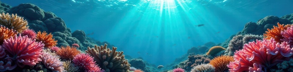 Fototapeta premium Lush underwater scene, diverse coral formations, reef life, sea bottom