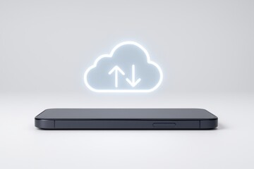Cloud Data Synchronization: Smartphone syncing data with cloud storage. A sleek smartphone rests on a minimalist surface.