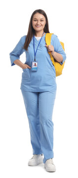 Happy medical student with backpack on white background