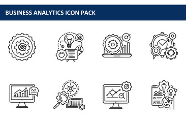 Business analytics icon pack depicting various data analysis concepts. Abstract illustrations showing interconnected gears, graphs, and computer displays.