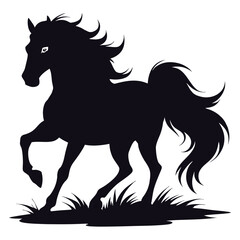 Elegant Horse Silhouette with Flowing Mane and Tail in a Grassy Field