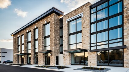 Modern stone facade office building with large windows reflects sky