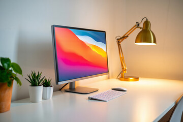 Minimalist Workspace with Monitor, Keyboard, and Lamp Creating a Cozy and Productive Work Environment at Home