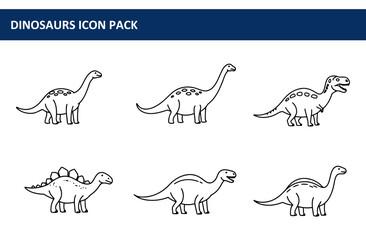 Dinosaur icon pack. black and white line drawings of various dinosaurs in a simple style.